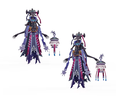 Game Fantasy Character With Ornate Purple Pink Outfit Intricate Headdress And Hanging Lantern Accessory 3d model
