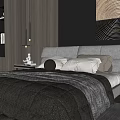 Modern Bedroom Interior With Wooden Walls Ambient Lighting Upholstered Bed Abstract Painting Potted Plant And Rug