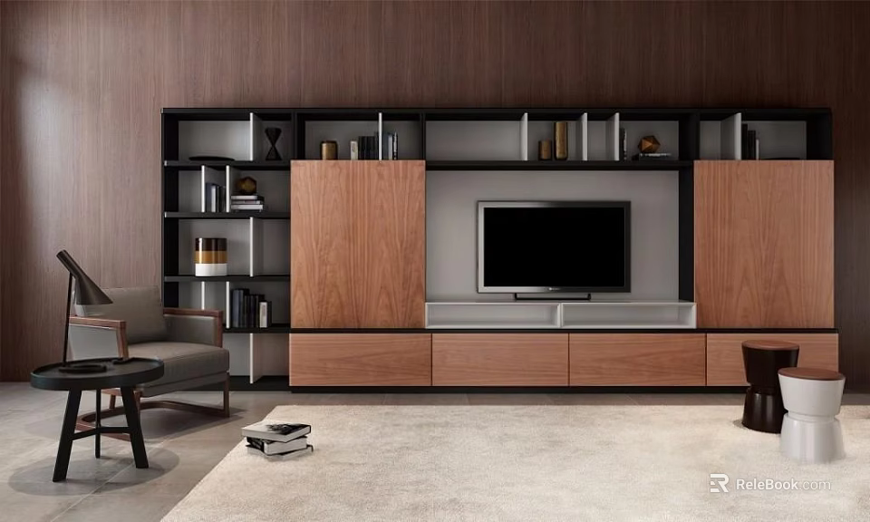 Modern Wooden TV Cabinet With Open Shelves And Storage In Living Room Design 3d model 