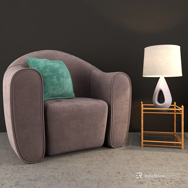 Gray Single Sofa With Green Pillow And Gold Side Table White Lamp 3d model