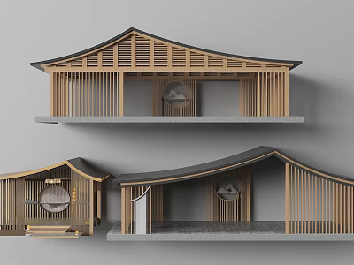 Wooden Architectural Models In Modern Traditional Style With Curved Roofs Lattice Panels And Circular Windows 3d model