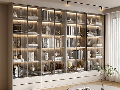 Elegant Modern Bookcase With Glass Doors Built-in Lighting And Decorative Books 3d model