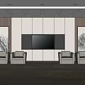 Modern Hotel Public Lounge With Comfortable Sofas TV Screen Mountain Paintings And Ceiling Light Strips 3d model