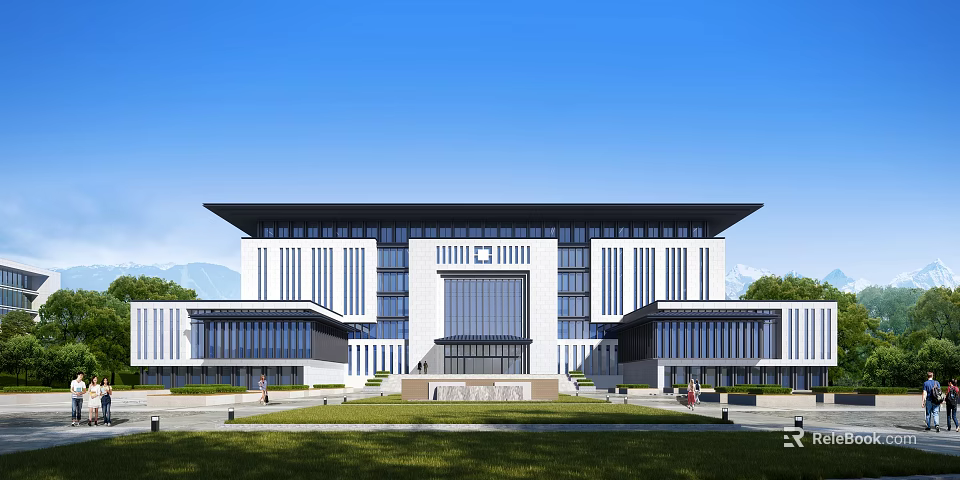 Modern Office Building With Symmetrical Facade Glass Curtain Walls Green Lawns Under Blue Sky 3d model 