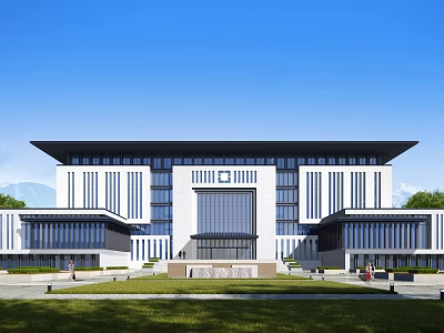 Modern Office Building With Symmetrical Facade Glass Curtain Walls Green Lawns Under Blue Sky 3d model