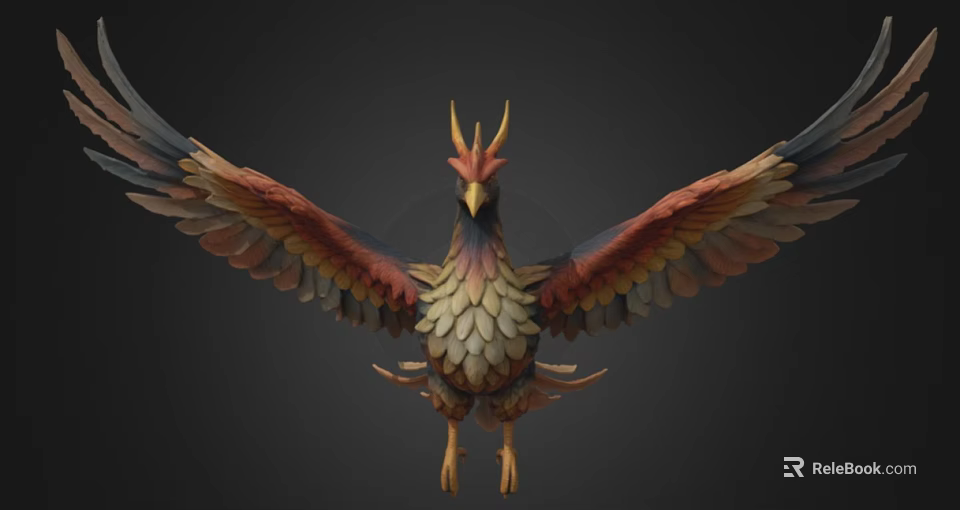 Mythical Colorful Flying Animal with Vibrant Feathers Crowned Head and Spread Wings 3d model 
