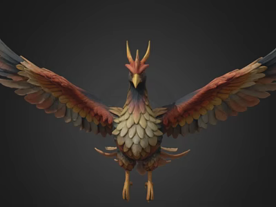 Mythical Colorful Flying Animal with Vibrant Feathers Crowned Head and Spread Wings 3d model