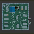 Cartoon Graveyard Scene with White Fence Blue Roof Tombstones Flaming Torches Green Ground Broken Pieces