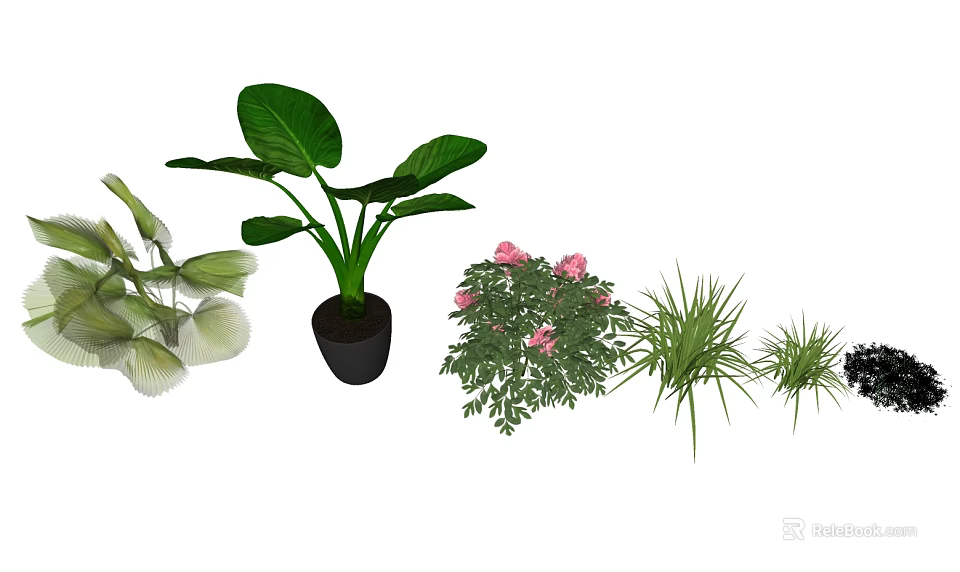Decorative Bonsai Potted Plants With Large Green Leaves Pink Flowers And Grassy Foliage 3d model 
