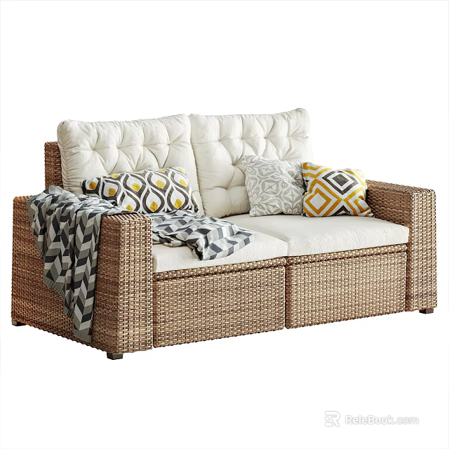 Rattan Outdoor Sofa with White Cushions Geometric Pillows and Throw Blanket 3d model 