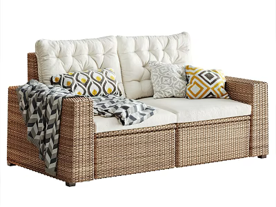 Rattan Outdoor Sofa with White Cushions Geometric Pillows and Throw Blanket 3d model