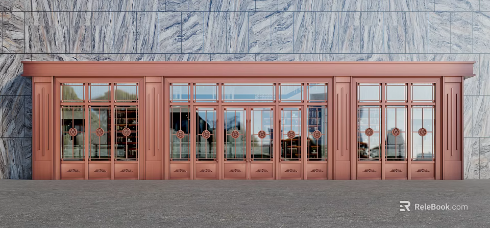 Elegant Copper Frame Glass Doors With Decorative Elements And Marble Wall Design 3d model 