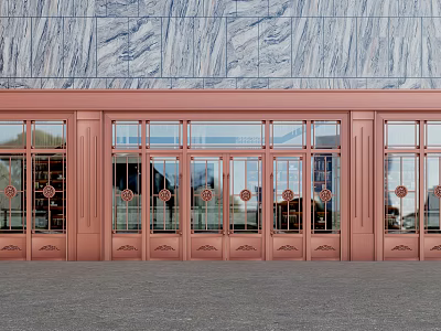 Elegant Copper Frame Glass Doors With Decorative Elements And Marble Wall Design 3d model