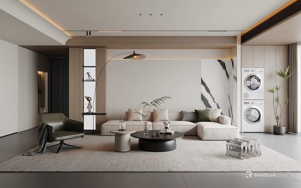 Modern Minimalist Living Room Interior With Beige Sofa Coffee Table And Floor Lamp 3d model 