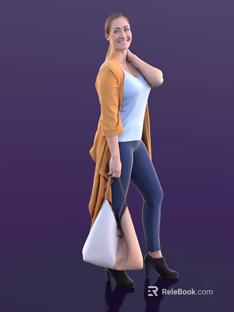 A Woman Wearing White Top Blue Jeans And Orange Cardigan Holding White Handbag 3d model 