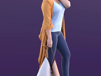 A Woman Wearing White Top Blue Jeans And Orange Cardigan Holding White Handbag 3d model