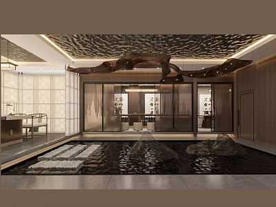 Oriental Style Clubhouse Interior Design With Water Pond Stones Wooden Screens And Carved Ceiling 3d model