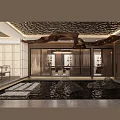 Oriental Style Clubhouse Interior Design With Water Pond Stones Wooden Screens And Carved Ceiling