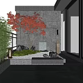 Serene Japanese Courtyard Garden With Red Maple Tree Stone Wall Water Fountain And Ambient Lighting