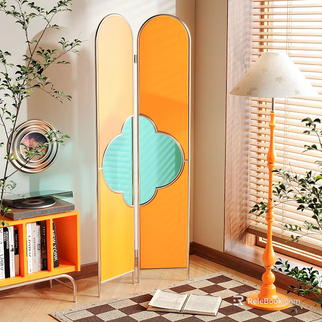 Orange Room Divider With Clover Shaped Cutout Glass Panel And Metal Frame For Modern Interior 3d model 