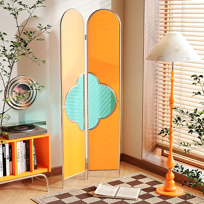 Orange Room Divider With Clover Shaped Cutout Glass Panel And Metal Frame For Modern Interior 3d model