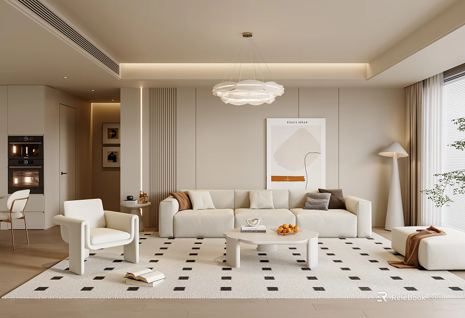 Modern Living Room With White Sofa Armchair Checkered Rug Chandelier And Abstract Wall Art 3d model 