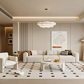 Modern Living Room With White Sofa Armchair Checkered Rug Chandelier And Abstract Wall Art