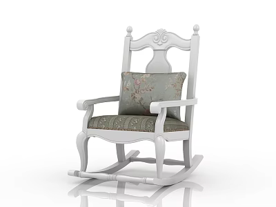 Elegant White Rocking Chair With Carved Backrest And Floral Cushion 3d model