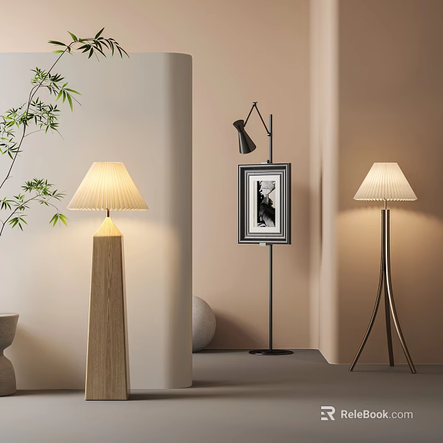 Stylish Modern Floor Lamps With Wooden And Metal Bases For Home Interior Design 3d model 