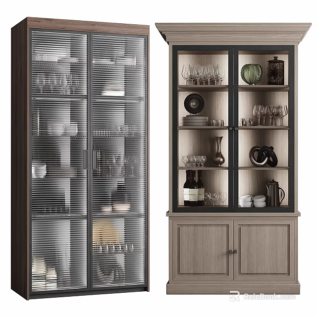 Glass Door Cabinets With Dinnerware Glasses And Decorative Items 3d model 