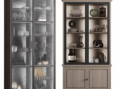 Glass Door Cabinets With Dinnerware Glasses And Decorative Items 3d model