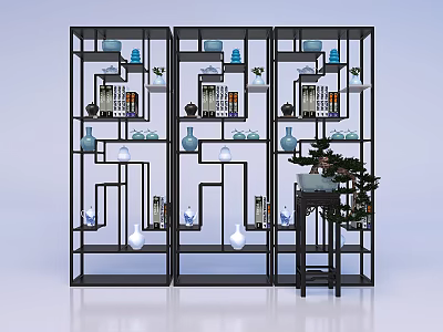 Traditional Chinese Display Shelves Featuring Blue Vases Books Decorative Balls And Potted Plant 3d model