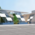 Triangular Architectural Structure With Glass Panels Metal Frame Green Plants And Outdoor Seating