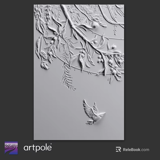 White Wall Featuring Embossed Branches Leaves And Bird Relief Design 3d model 