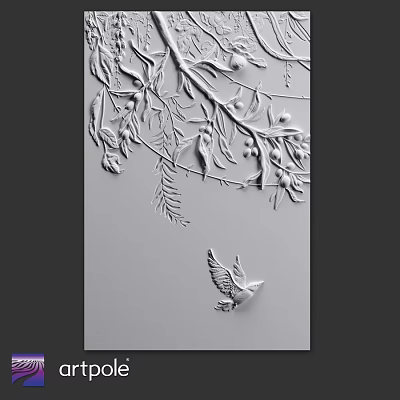 White Wall Featuring Embossed Branches Leaves And Bird Relief Design 3d model