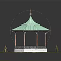 Outdoor Octagonal Gazebo With Green Roof And Surrounding Grass Stone Pavement