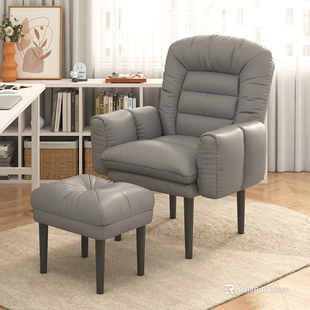 Comfortable Gray Leather Recliner Chair With Matching Ottoman On Soft Rug 3d model 
