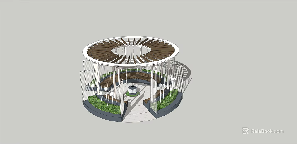 Circular Pergola Design With Lattice Roof Green Plants And Seating Area 3d model 