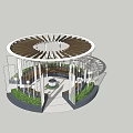 Circular Pergola Design With Lattice Roof Green Plants And Seating Area