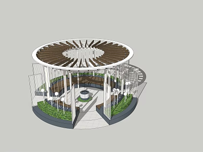 Circular Pergola Design With Lattice Roof Green Plants And Seating Area 3d model