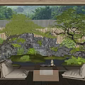 Tranquil Japanese Garden Scene With Rock Waterfall Wooden Fence Green Plants And Tatami Seats