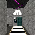 Classic KTV Entrance With Stone Archway Brick Walls And Striped Floor