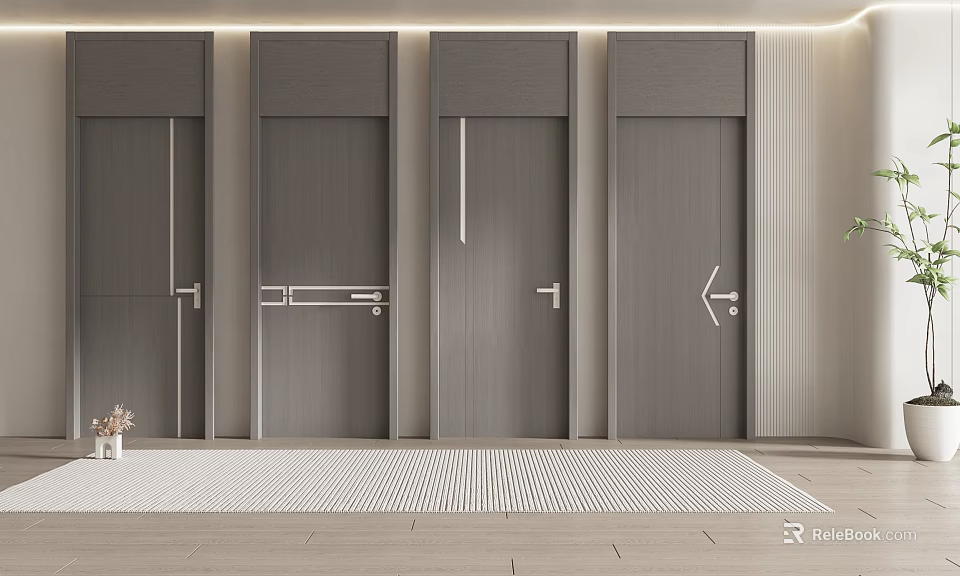 Modern Gray Hinged Doors Interior With Minimalist Design And Sleek Wooden Handles 3d model 