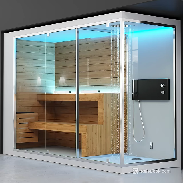 Modern Shower Sauna With Wooden Interior Glass Door Bench Seats And Blue Lighting 3d model 