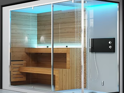 Modern Shower Sauna With Wooden Interior Glass Door Bench Seats And Blue Lighting 3d model