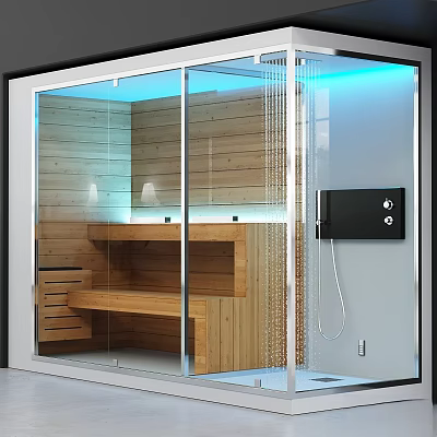 Modern Shower Sauna With Wooden Interior Glass Door Bench Seats And Blue Lighting 3d model