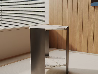 Modern Round Side Table With Marble Top And Metal Frame In Wooden Wall Interior 3d model