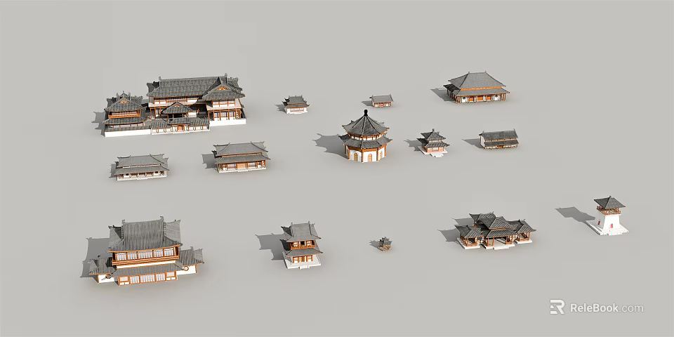 Ancient Architecture Models With Traditional Roof Design And Classical Style Structures 3d model 