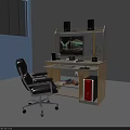 Functional Office Desk With Computer Monitor Black Speakers Small Potted Plant And Red Cabinet
