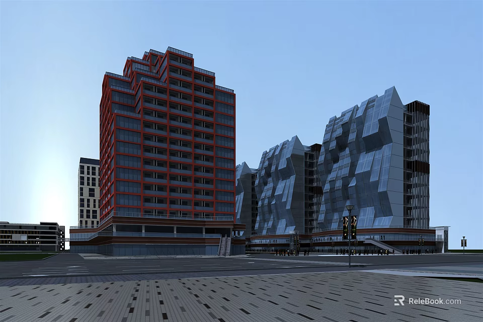 Modern High Rise Office Buildings With Red Exterior And Geometric Facade Design 3d model 